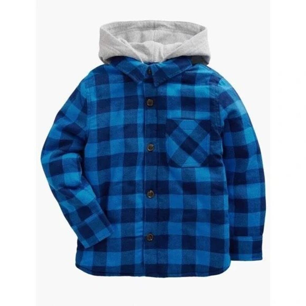 ✨MINI BODEN Hooded Check Fleece Lined Flannel Button-Up Sz 11-12Y Shirt In Blue✨